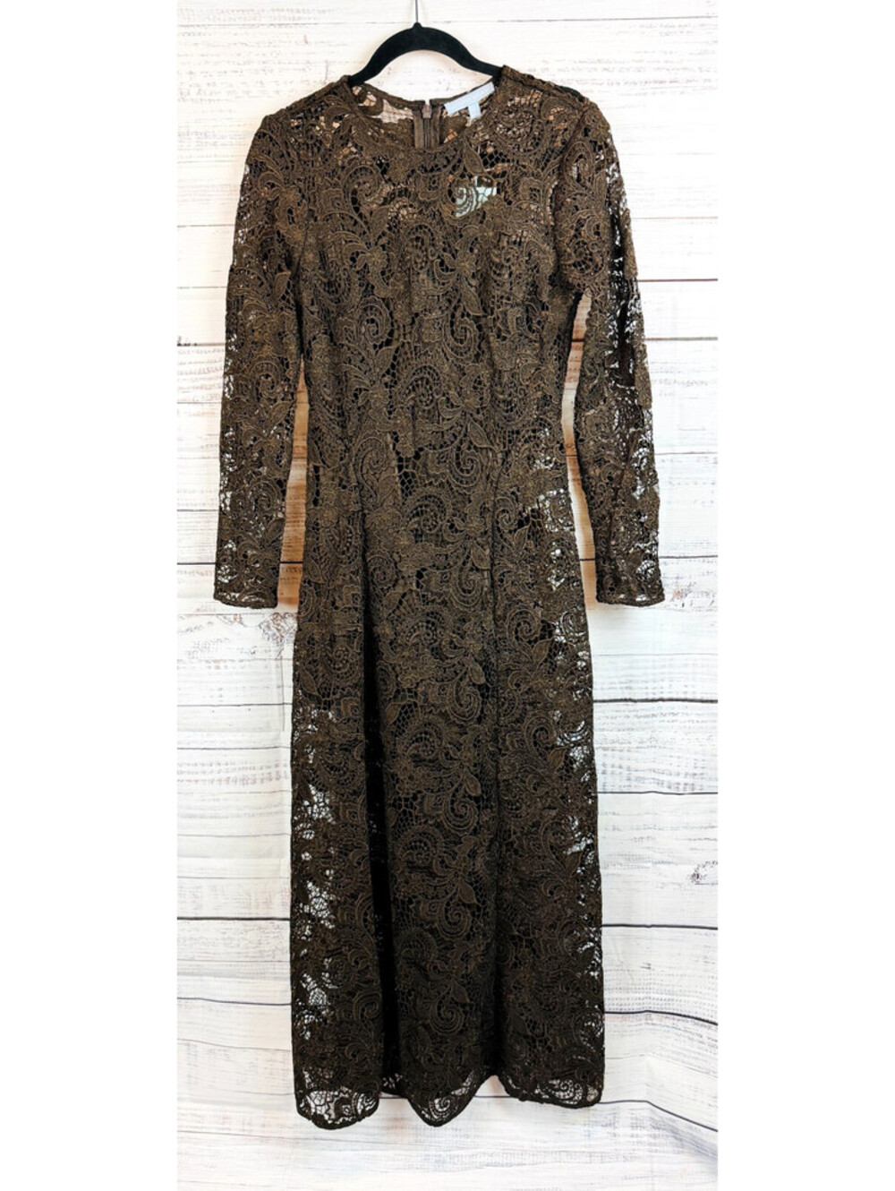 ANTONIO MELANI Susan brown chocolate guipure lace long sleeve maxi dress 2 NWT
